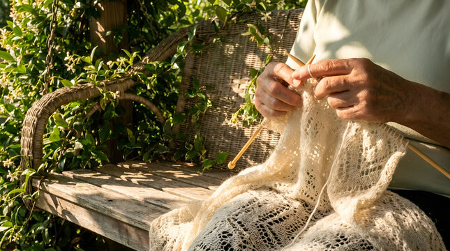 Senior woman knitting white lace fabric outdoors on garden bench, hands close up
