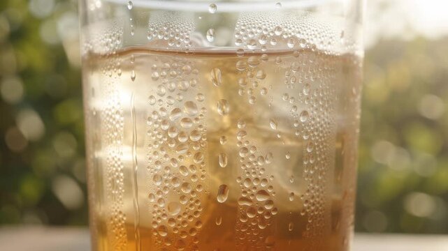 Condensation dripping down a cold glass of iced tea outdoors
