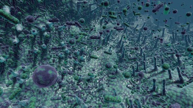 3D medical animation of healthy digestive flora and probiotic biology background. 4k microscopic villi and diverse floating gut microbiome bacteria. 