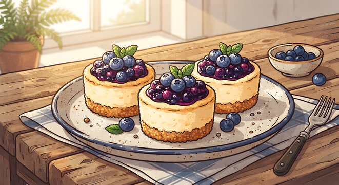 Three mini blueberry cheesecakes on a plate