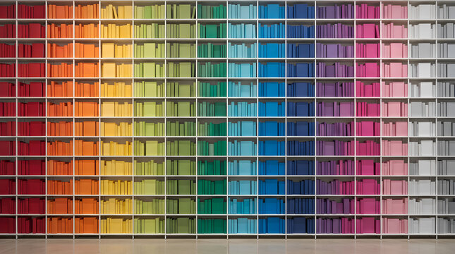 Colorful bookshelf filled with rainbow gradient books
