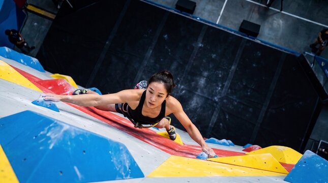 Female Climber Scaling Indoor Climbing Wall During Competition
