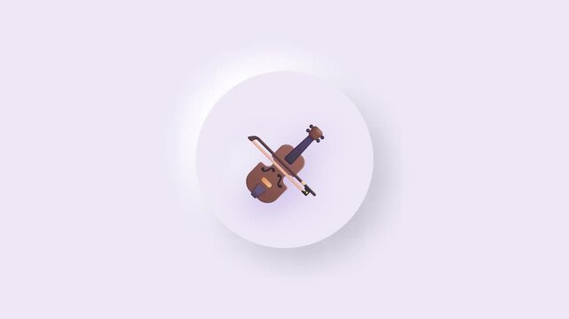 Violin icon animation with a bow resting across the classical wooden string instrument inside a clean minimalist circular button on a soft gradient background for a music education concept