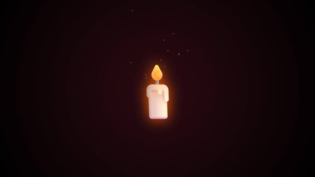 Burning candle with glowing flame and floating sparks isolated against a dark background in minimalist style
