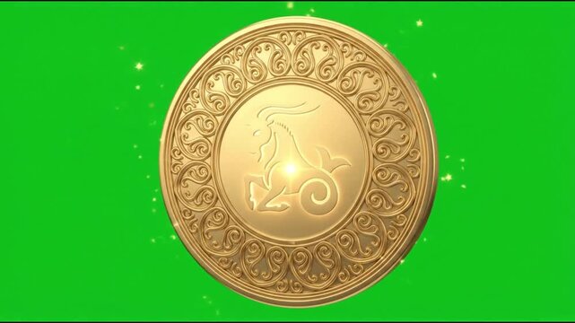Golden Capricorn Zodiac Sign Coin on Green Screen Background.
