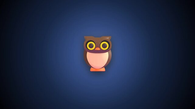 Cute cartoon owl character blinking and looking around against a dark blue gradient background vector graphic illustration