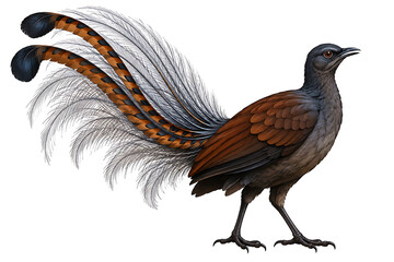 Fototapeta premium Superb lyrebird with iconic long tail feathers on white background