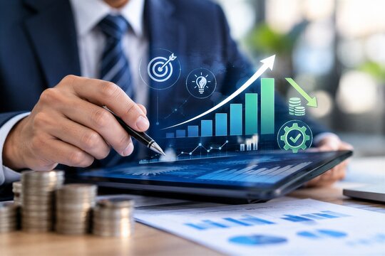 Businessman Analyzing Financial Growth and Cost Reduction Graphs for Effective Business Strategy and Long-Term Investment Management.