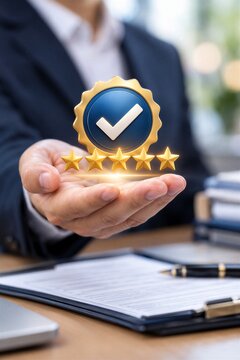Hand Holding Checkmark and Five-Star Rating Symbolizing Quality Assurance, Business Trust, and Customer Satisfaction Compliance.