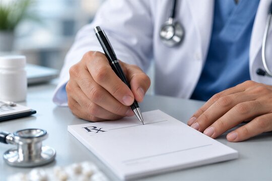 Doctor's Hand Writing a Blank Medical Prescription on a Pad, Preparing a Script for Patient Treatment.
