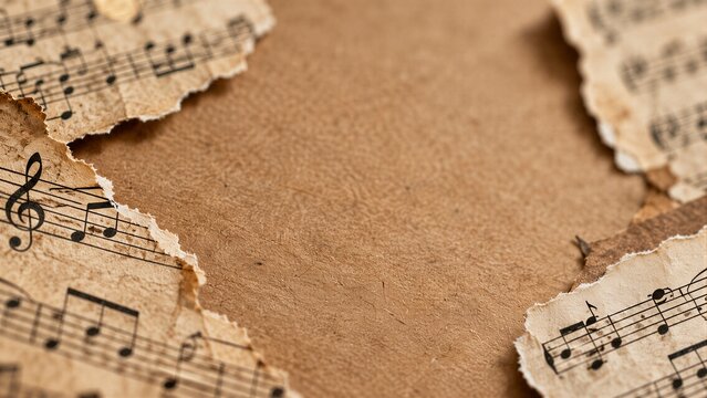 Torn Vintage Sheet Music Fragments on Kraft Paper, Creating a Classical Musical Collage for Creative Education.