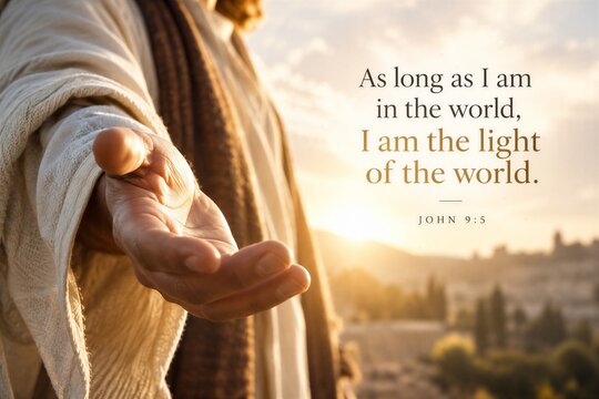 Inspirational Bible Verse John 9:5, 'I Am the Light,' Displayed on a Spiritual Poster with Symbolic Radiance and Global Significance