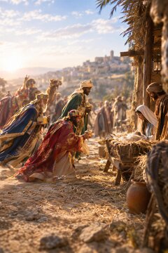 Three Wise Men Presenting Precious Gifts Beside the Manger in a Vivid Ancient Near East Nativity Scene