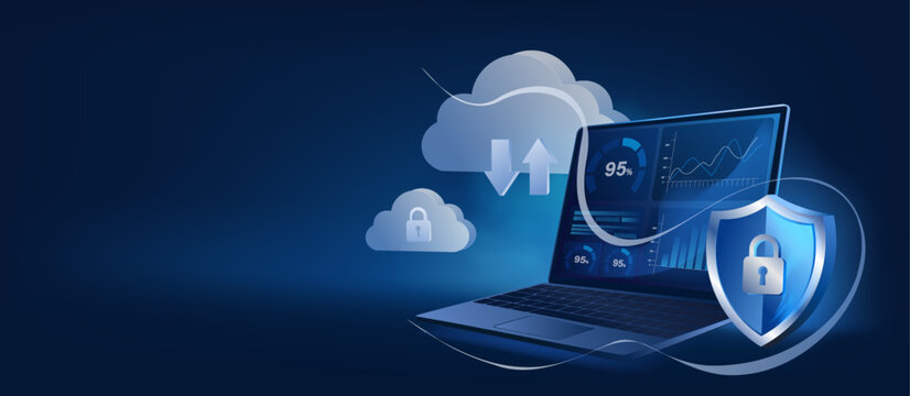 Cloud Security Concept: Laptop with Blue Shield, Padlock, and Clouds as Cybersecurity and Data Protection Banner