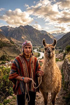 Quechua man llama chullo hat Sacred Valley Peru golden hour stock