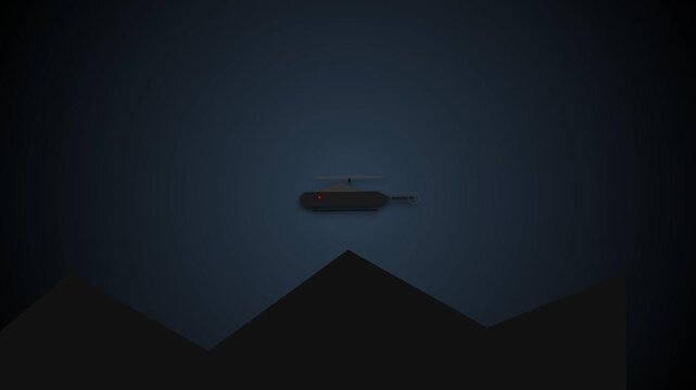 Helicopter flying over dark mountains at night in minimalist vector animation style with spotlight beam