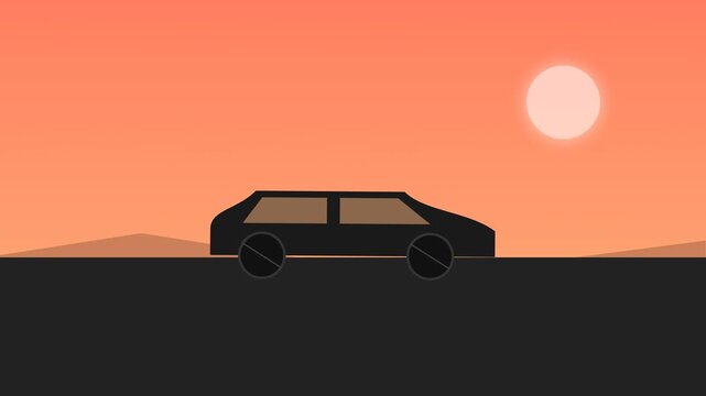 Futuristic car driving across a flat desert highway during a minimalist sunset in flat vector animation style