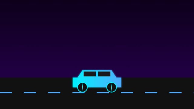 Blue neon car driving along a dark highway at night with glowing lane markers in a minimal vector animation style creating a futuristic synthwave landscape visual experience