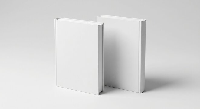 Photorealistic studio mockup of two upright standing blank hardcover books on a light gray background with soft shadows for cover design showcase.