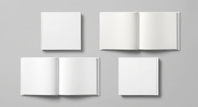 Top-down flat lay of four square hardcover books in a 2x2 grid on a neutral background.