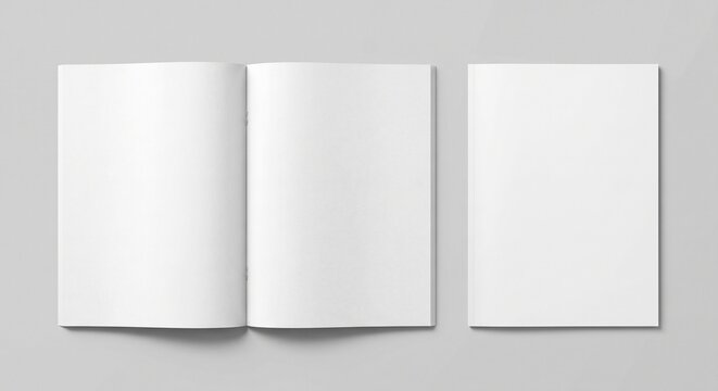 Top view flat lay mockup of an open and closed blank magazine on a grey surface.