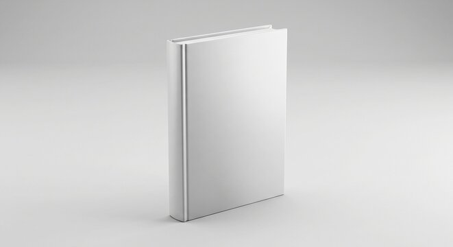 Standing blank white hardcover book mockup with matte cover and spine on light grey background under soft studio light.