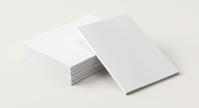 High-angle studio shot of a blank white magazine mockup tilted against a neat stack of softcover brochures on a clean neutral background.