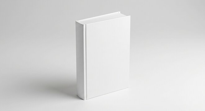 Blank white hardcover book standing upright on a seamless studio background. Realistic 3D mockup template for cover design, branding, and publication showcase.
