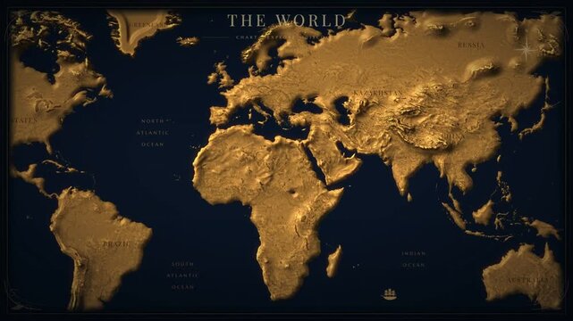 Vintage world map zooming into Himalaya mountain range with golden relief terrain and labels