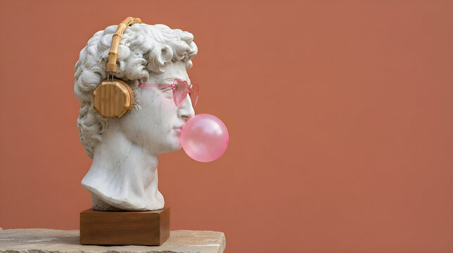 Classical bust with pink bubble gum against terracotta background