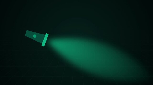 Flashlight shining bright green beam across dark digital grid surface in minimalist animation style