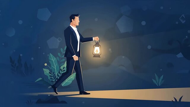 Businessman walking through darkness with a lantern exploring discovery and success
