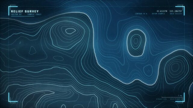 Topographic contour map survey interface with red location pins and elevation cross section scan