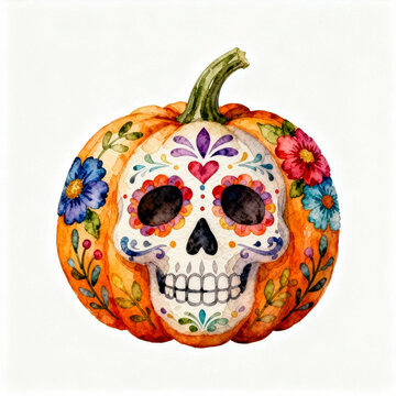 Colorful skull design on pumpkin with flowers, reflecting a seasonal celebration of life and death