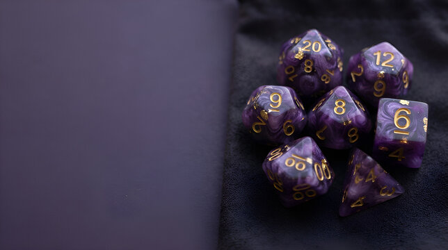 Purple polyhedral dice set on dark fabric
