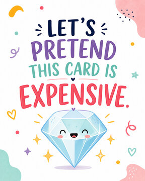 Humorous greeting card design with playful typography reading &ldquo;Let's pretend this card is expensive&rdquo; and a cute smiling envelope illustration.