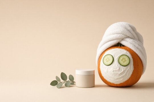 Pumpkin spa facial treatment with cucumber slices, cream mask, towel and skincare jar on a warm beige background with generous copy space.