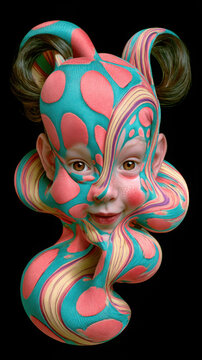 Surreal portrait of a smiling young girl enveloped in sculptural turquoise and coral patterned forms, creating a playful futuristic fashion concept on black.
