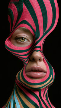 Extreme surreal beauty portrait with a face wrapped in sculptural pink and green striped fabric, revealing one eye against a deep black background.