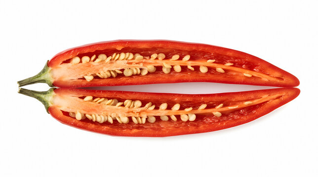 Red chili pepper cut in half lengthwise showing seeds