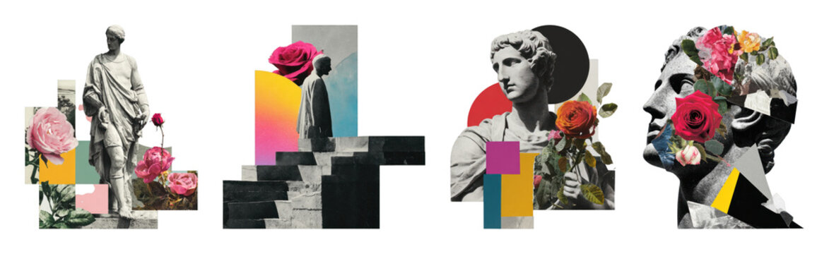 PNG Surreal collage art with statues and vibrant flowers, transparent background