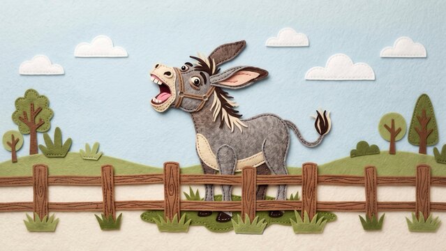 A handcrafted felt illustration of a gray braying donkey standing behind a wooden fence in a grassy pasture with trees and clouds, AI generated