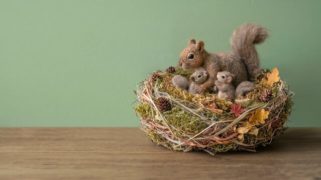 Handcrafted needle-felted mother squirrel and her babies in a realistic mossy nest with tiny pinecones. Minimalist studio shot on a wooden table with sage green copy space for artisanal design, AI generated