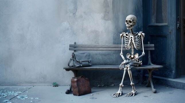 Conceptual image of a human skeleton sitting on a bench with bags symbolizing long waiting or career stagnation.