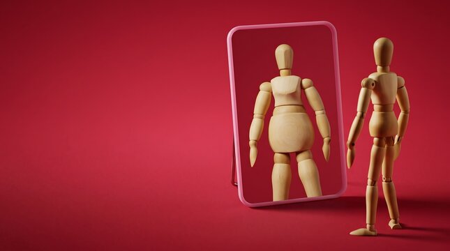 Wooden mannequin viewing a distorted reflection in a mirror on a red background symbolizing body dysmorphia.
