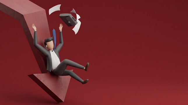 3D businessman character sliding down a large red downward arrow representing financial loss and crisis.