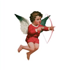 Fototapeta premium Vintage cherub with bow and arrow on white background.