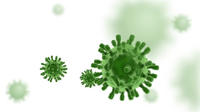 Green virus particles drifting slowly on clean white background medical concept seamless loop