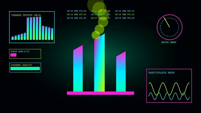 Three digital industrial display interfaces showing an emissions tracker with animated bar charts rising smoke graphs and circular sweep monitors in a neon green dark theme