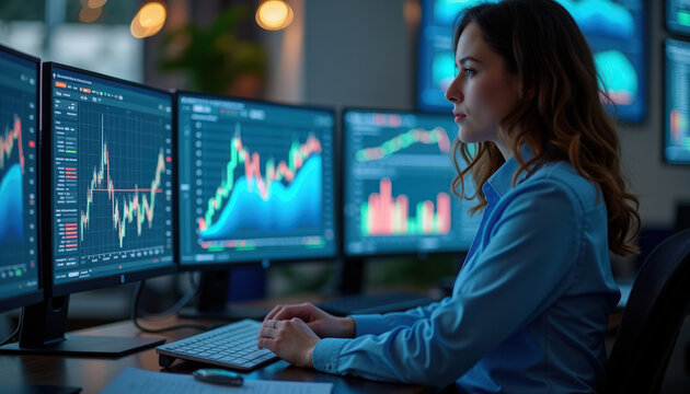 Business woman analyzing financial data on multiple screens in modern office with stock market graphs and analytics. Business expert monitors trends and charts for investment decisions.